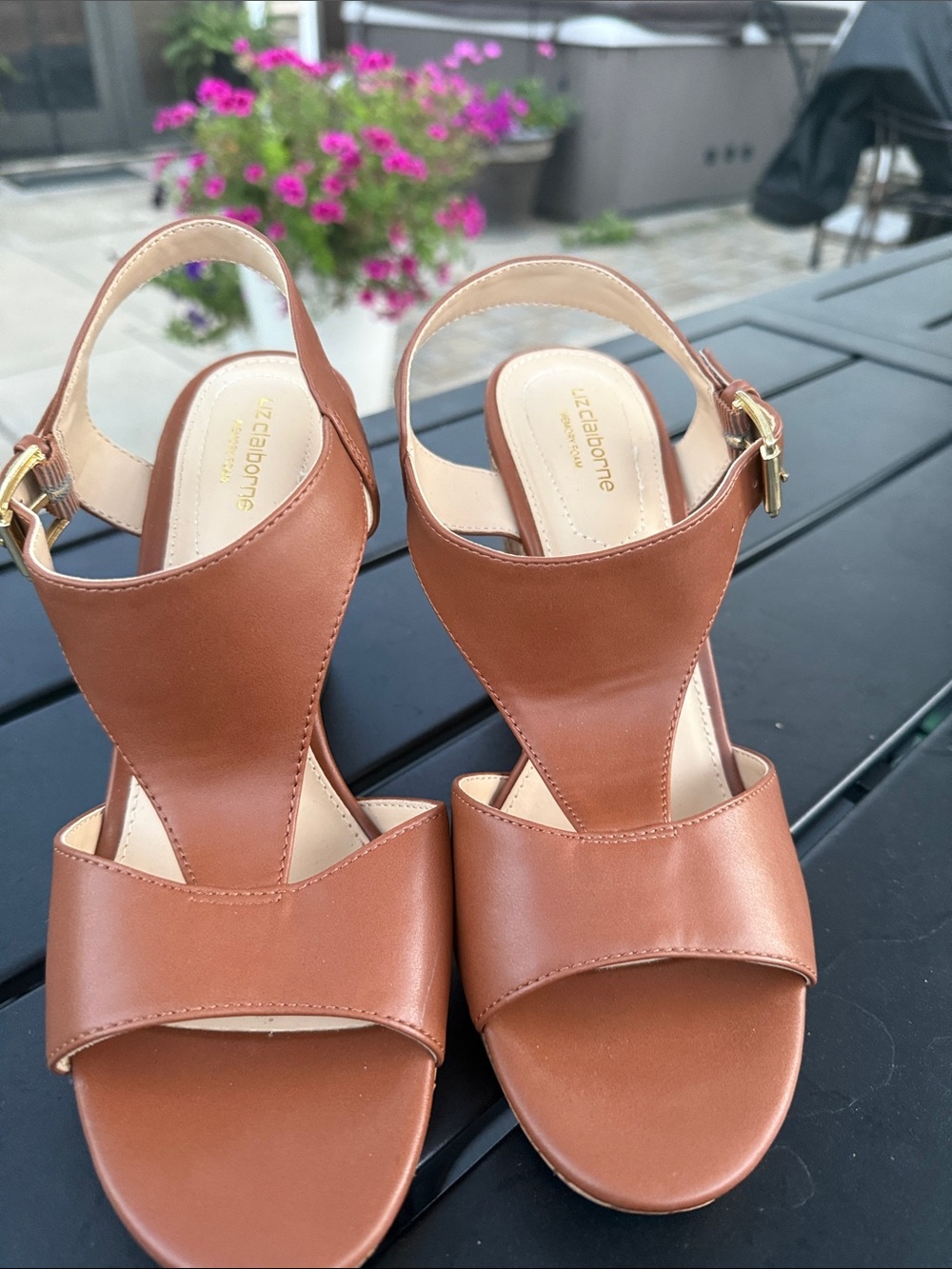 Liz Claiborne Tan Brown Leather Wedge Sandals with Ankle Strap